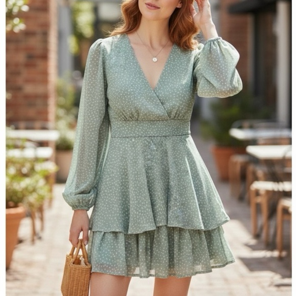 New With Tags Japna Elegant Green Polka Dot Ruffle Dress